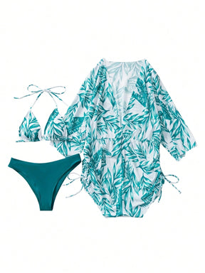 Conjunto Bikini com Estampa Tropical de Praia de Verão,3 pçs !!