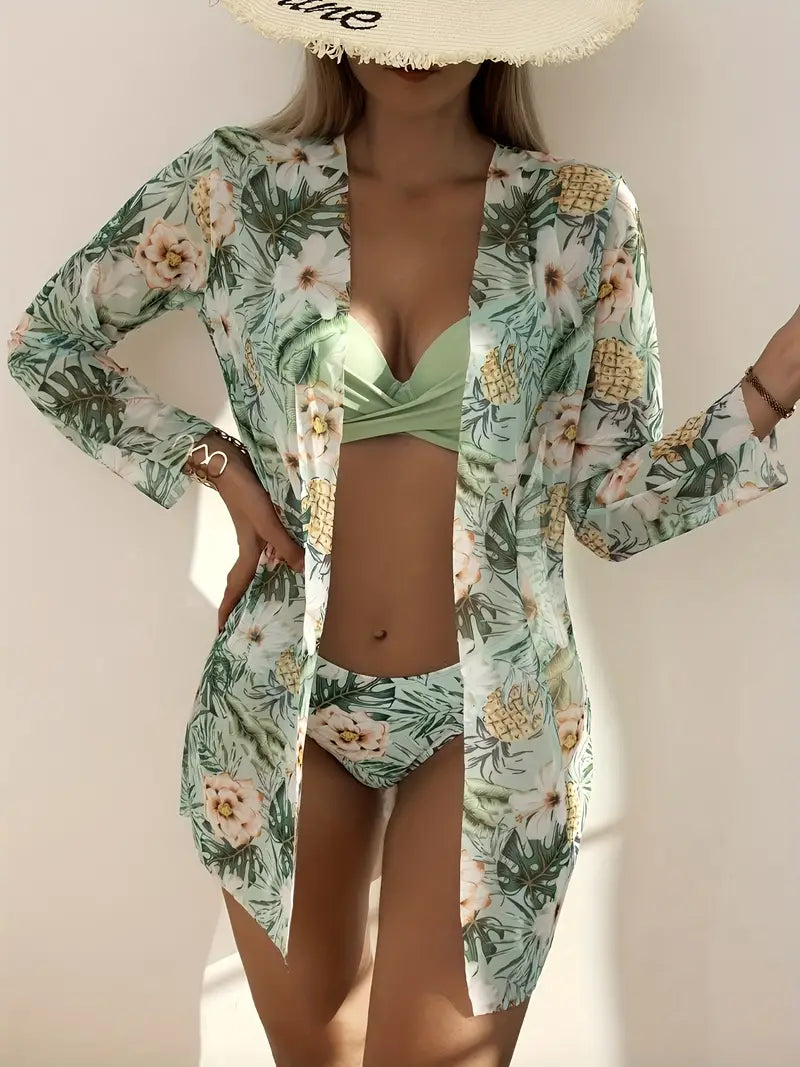 Conjunto de maio 3 pçs com Estampa de Plantas e Kimono para o Verão ✅