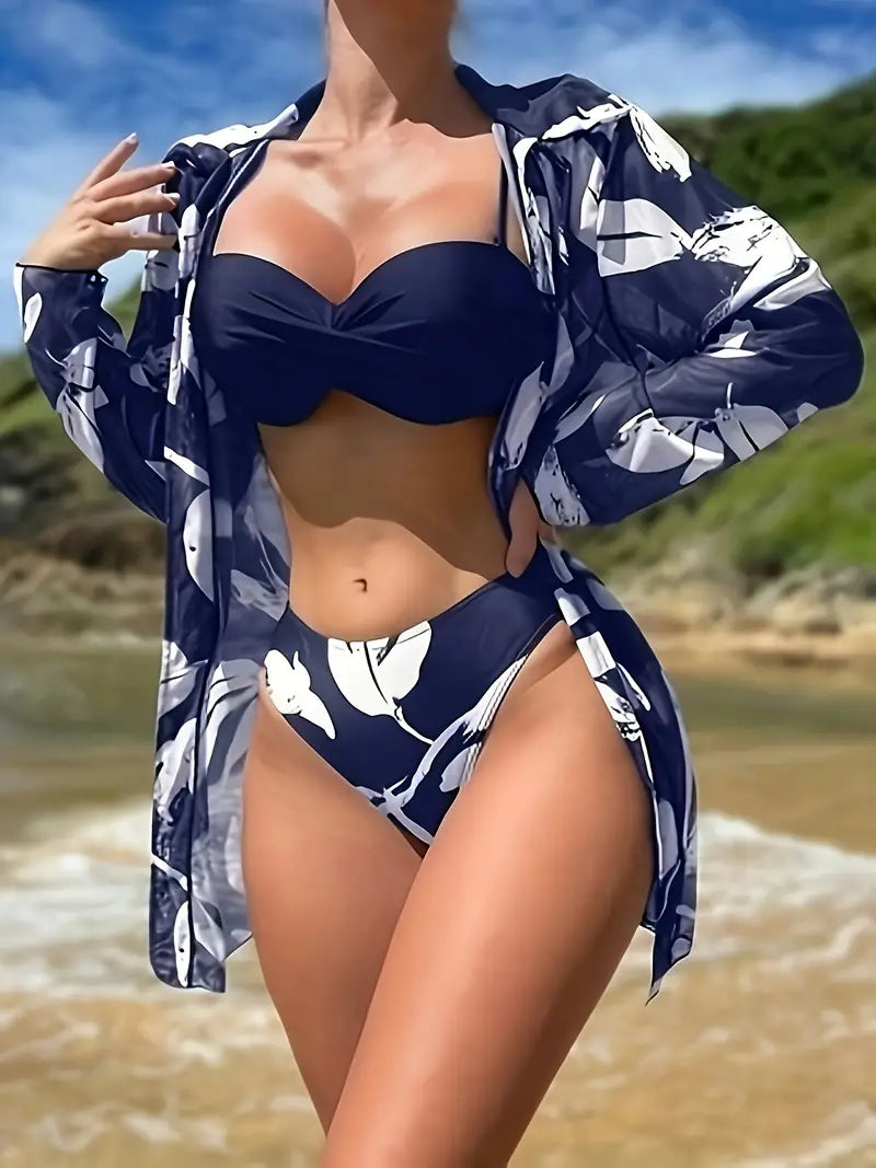 Conjunto de Bikini com estampa de planta, conjunto de 3 peças ✅